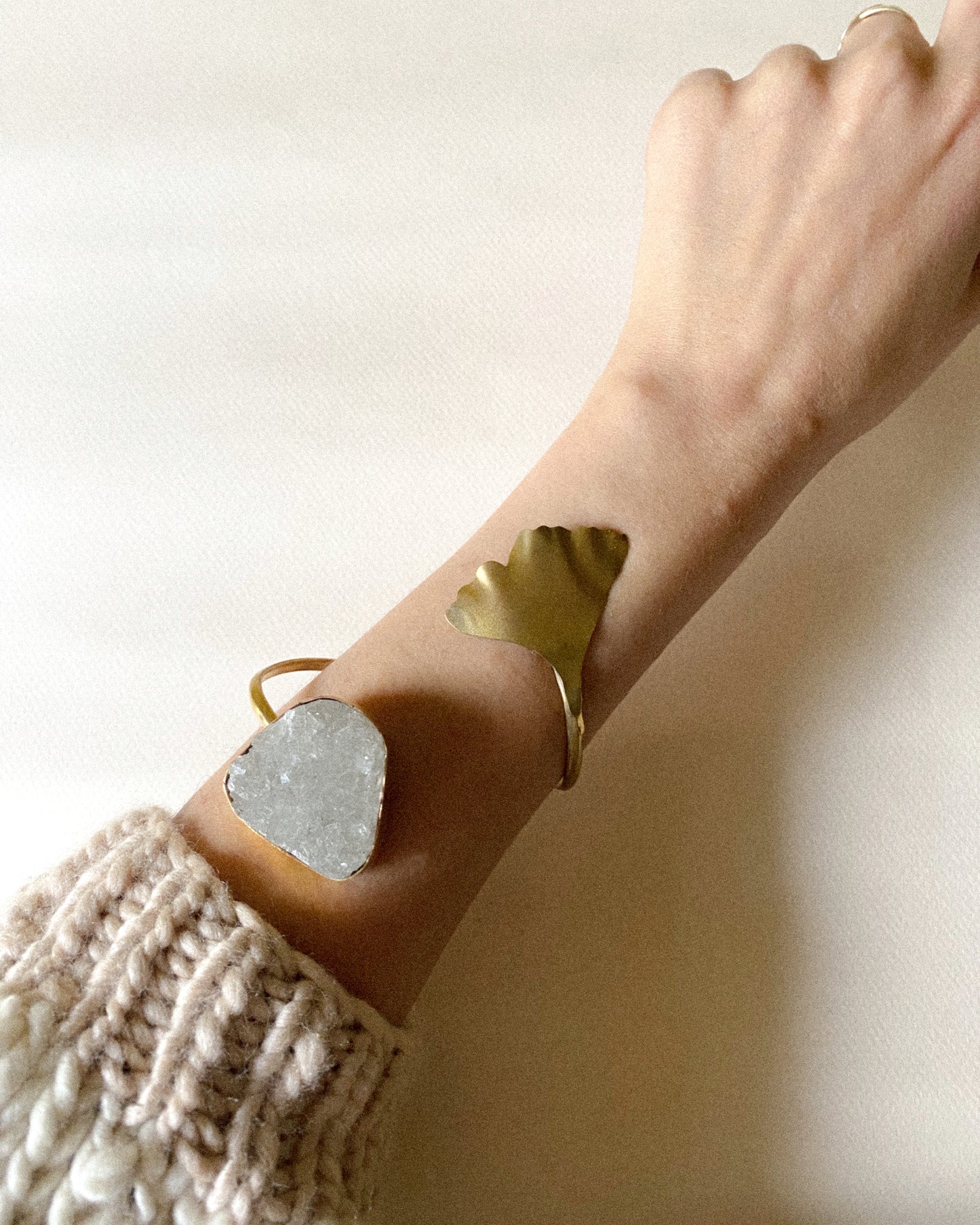 Brass wrist bracelet and white quartz druzy