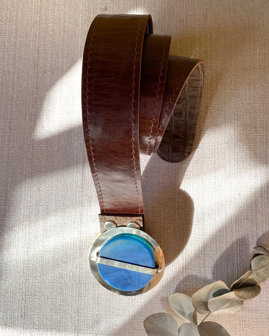 Reversible 100% leather belt and blue agate buckle