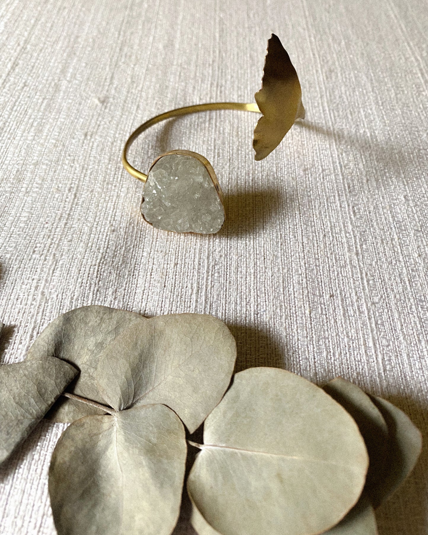 Brass wrist bracelet and white quartz druzy