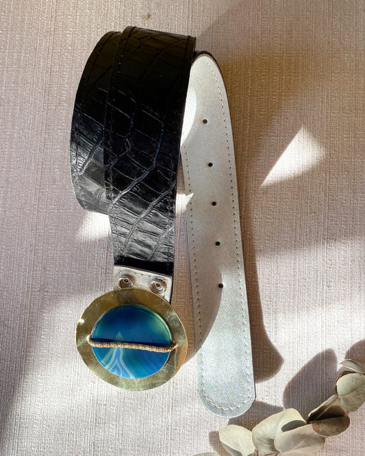 Reversible 100% leather belt and blue agate buckle